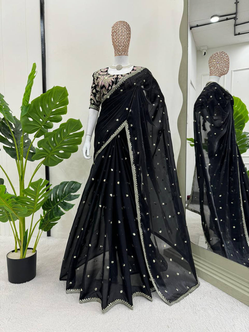 Black Color Sequence Work Jimmy Chu Designer Saree