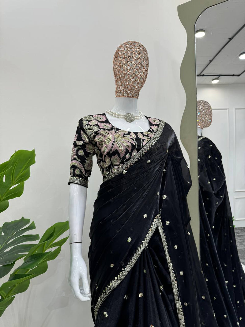 Black Color Sequence Work Jimmy Chu Designer Saree