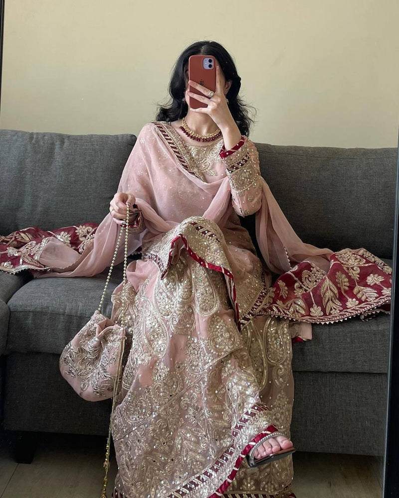 Peach Color Heavy Embroidered Work Wedding Wear Sharara Set