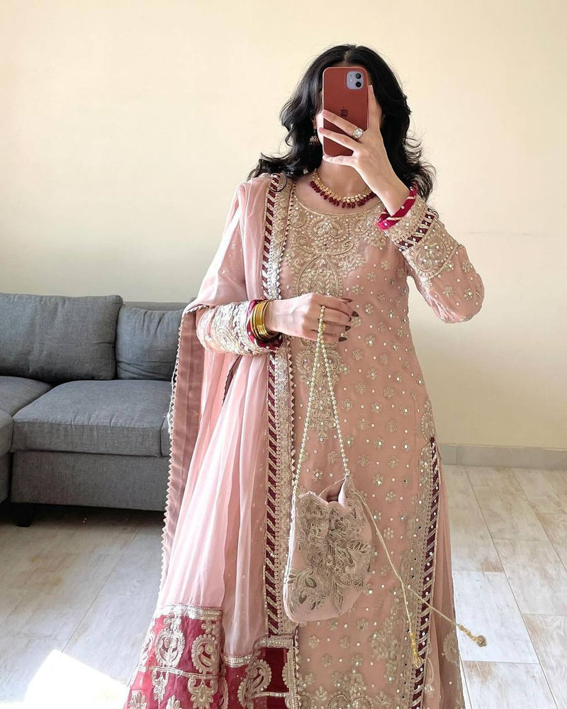 Peach Color Heavy Embroidered Work Wedding Wear Sharara Set