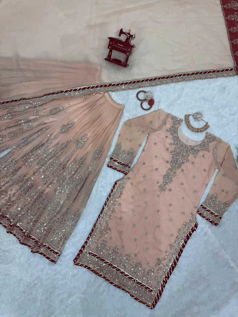 Peach Color Heavy Embroidered Work Wedding Wear Sharara Set