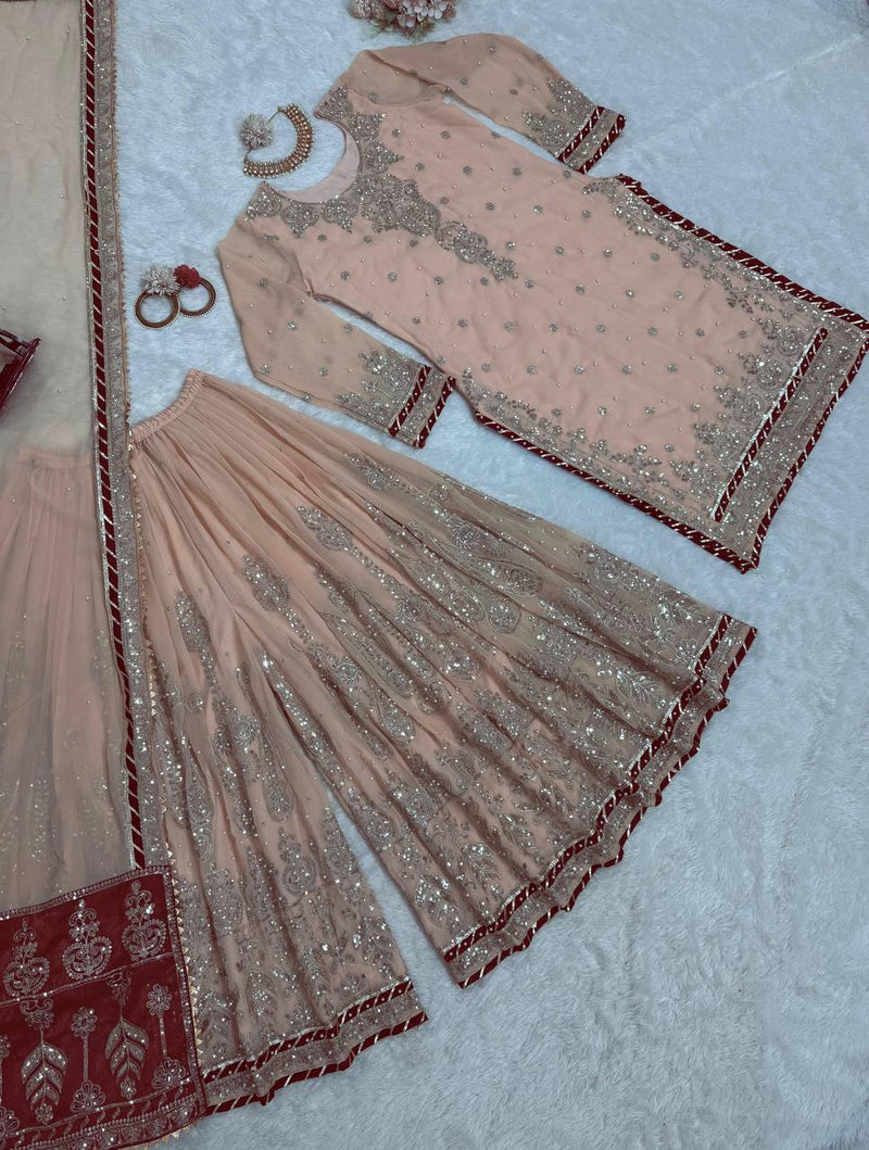 Peach Color Heavy Embroidered Work Wedding Wear Sharara Set