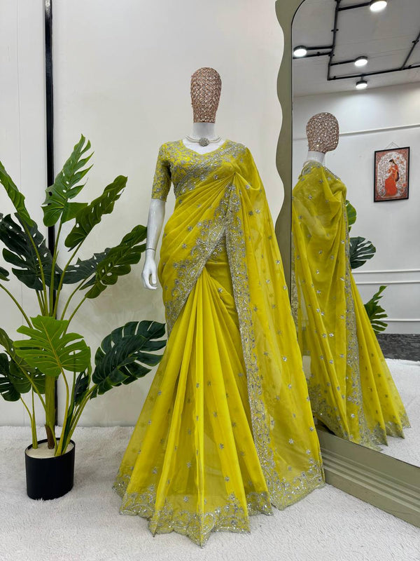 Yellow Color Designer Wedding Wear Sequence Work Saree