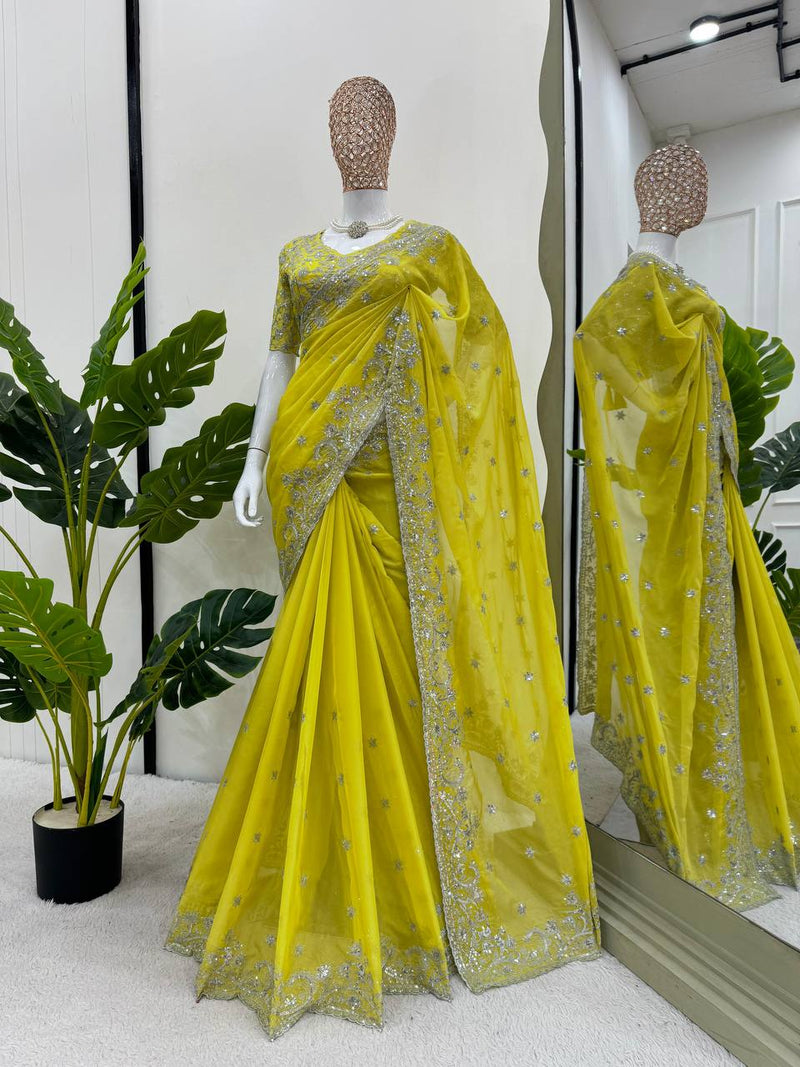 Yellow Color Designer Wedding Wear Sequence Work Saree