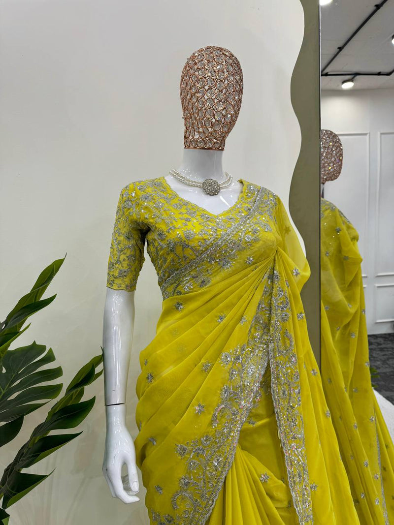 Yellow Color Designer Wedding Wear Sequence Work Saree