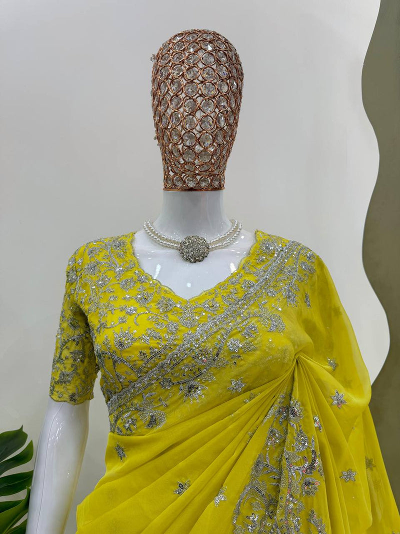 Yellow Color Designer Wedding Wear Sequence Work Saree