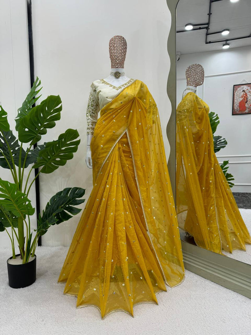 Yellow Color Wedding Wear Haldi Special Net Embroidered Saree