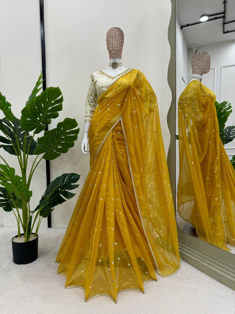 Yellow Color Wedding Wear Haldi Special Net Embroidered Saree