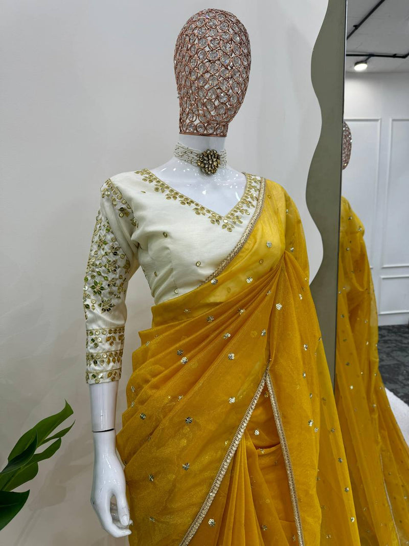 Yellow Color Wedding Wear Haldi Special Net Embroidered Saree