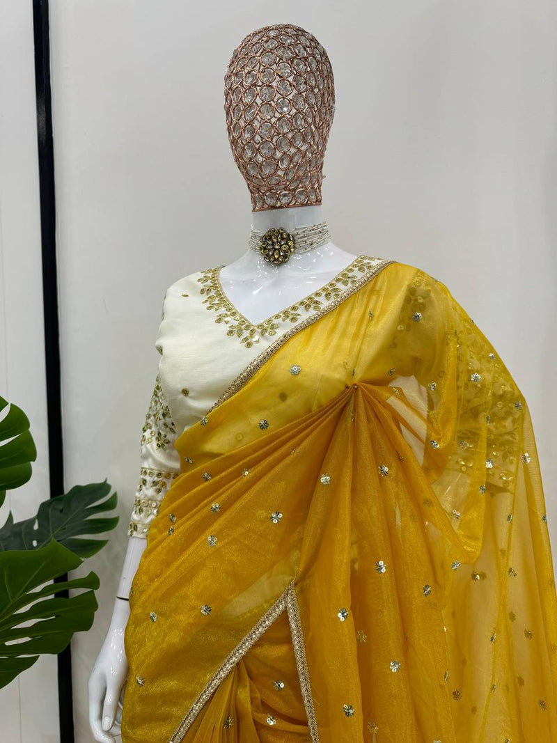 Yellow Color Wedding Wear Haldi Special Net Embroidered Saree