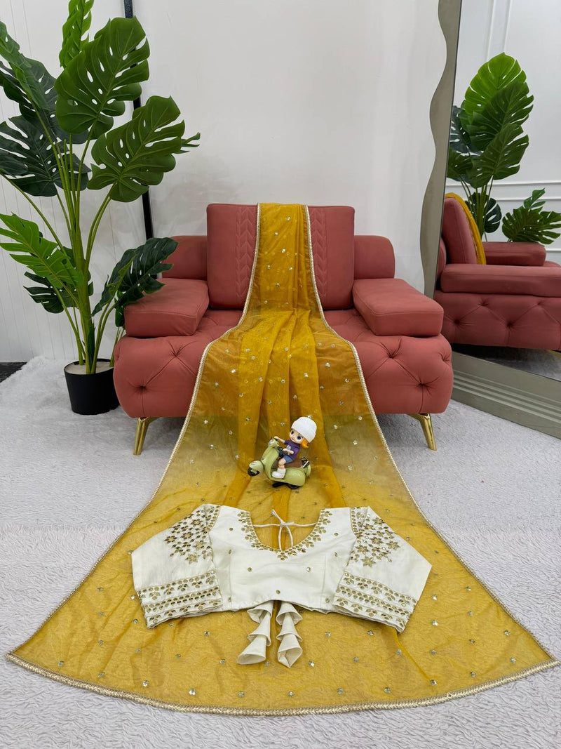 Yellow Color Wedding Wear Haldi Special Net Embroidered Saree