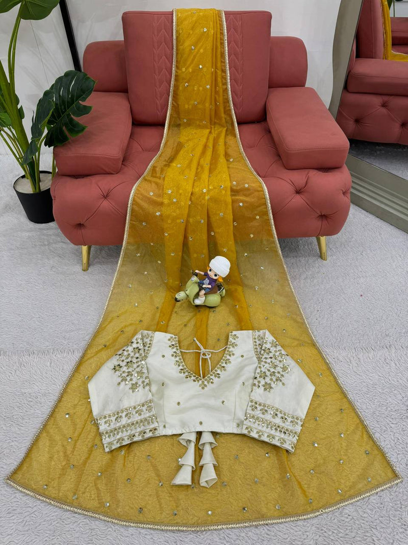 Yellow Color Wedding Wear Haldi Special Net Embroidered Saree