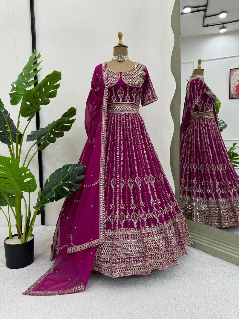 Purple Color Sequence Embroidery Georgette Designer Wedding Lehenga