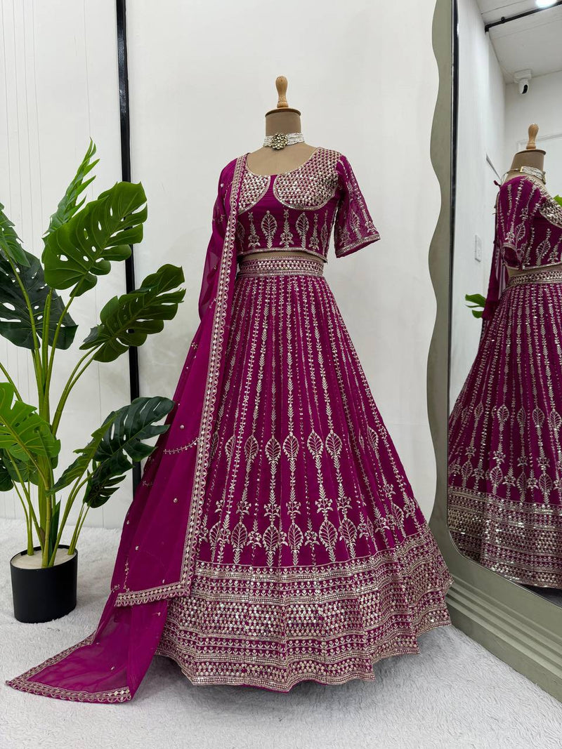 Purple Color Sequence Embroidery Georgette Designer Wedding Lehenga