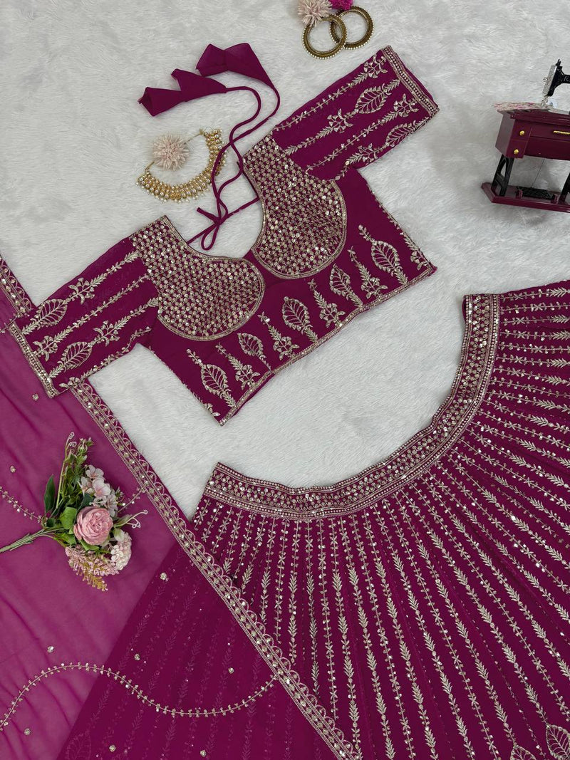 Purple Color Sequence Embroidery Georgette Designer Wedding Lehenga