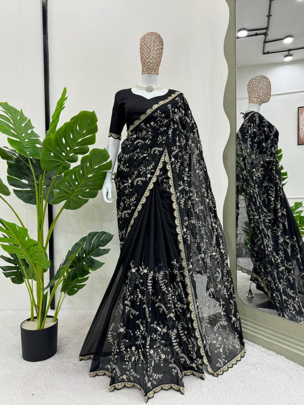 Black Color Embroidered Sequence Work Silk Designer Saree