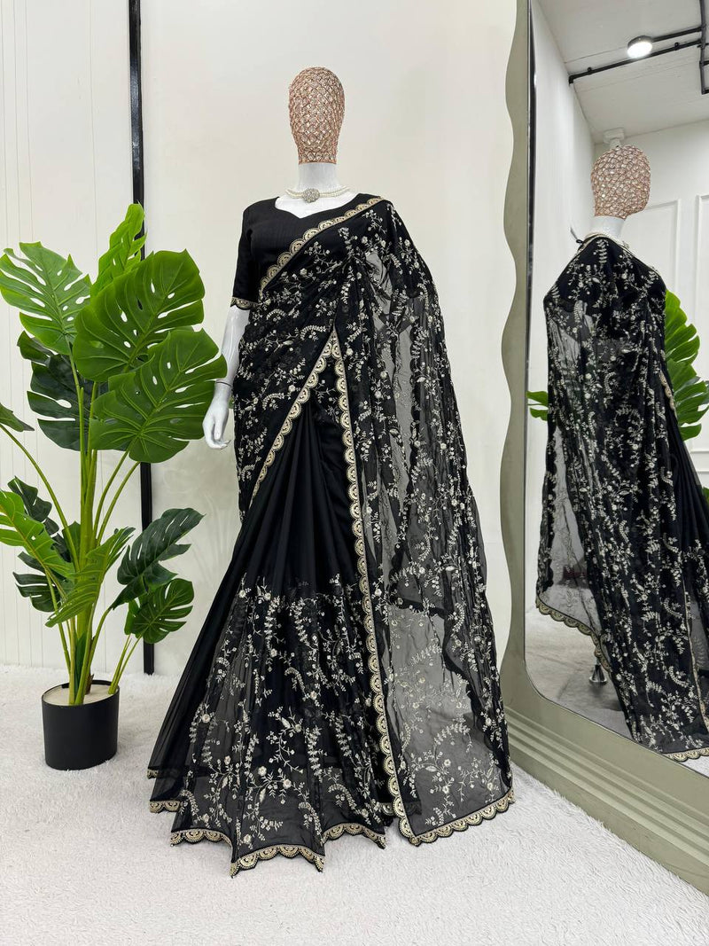 Black Color Embroidered Sequence Work Silk Designer Saree