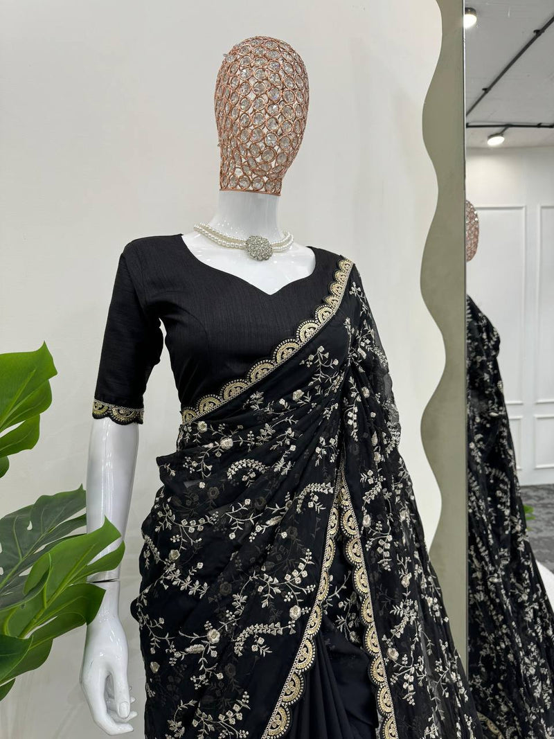 Black Color Embroidered Sequence Work Silk Designer Saree