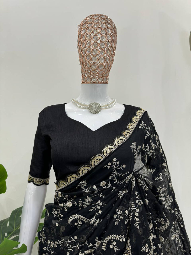 Black Color Embroidered Sequence Work Silk Designer Saree