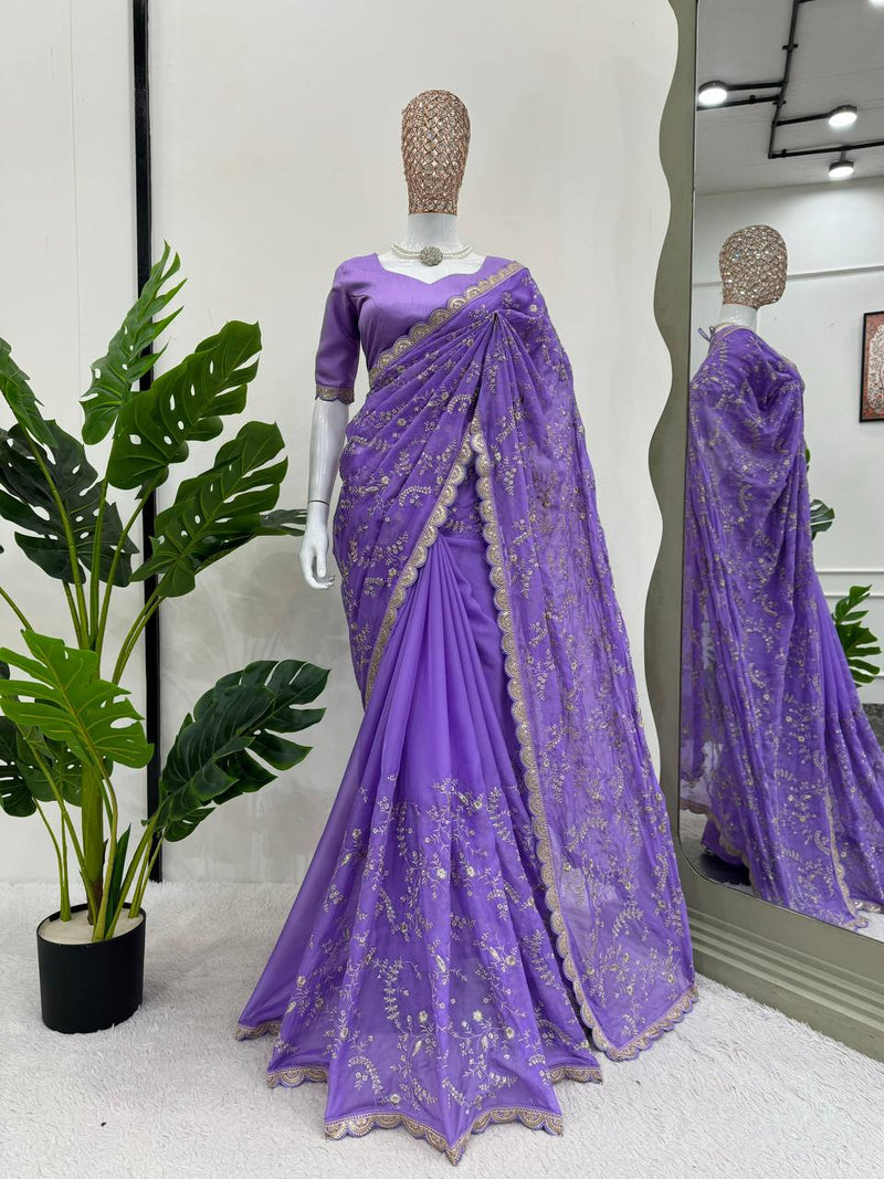 Lavender Color Embroidered Sequence Work Silk Designer Saree