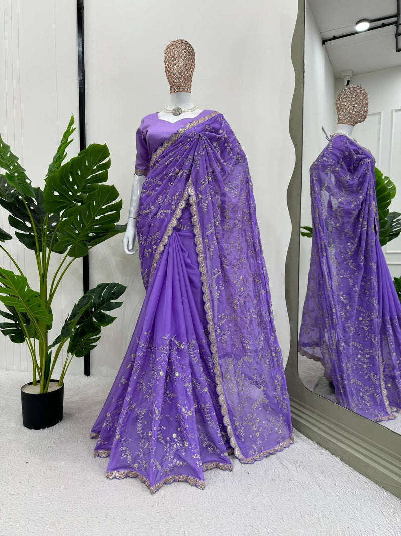 Lavender Color Embroidered Sequence Work Silk Designer Saree