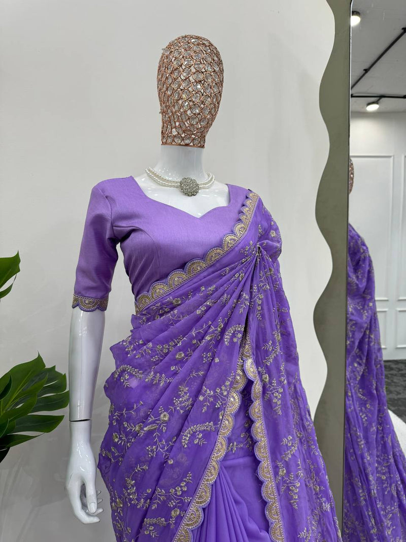 Lavender Color Embroidered Sequence Work Silk Designer Saree