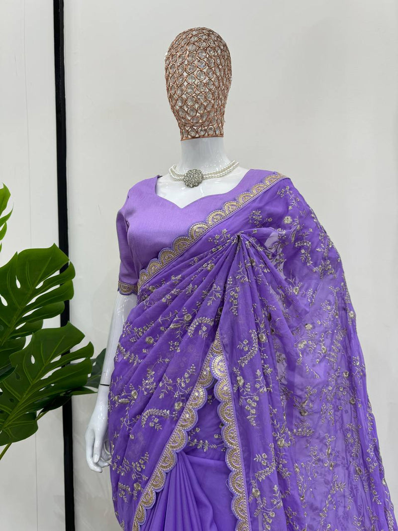 Lavender Color Embroidered Sequence Work Silk Designer Saree