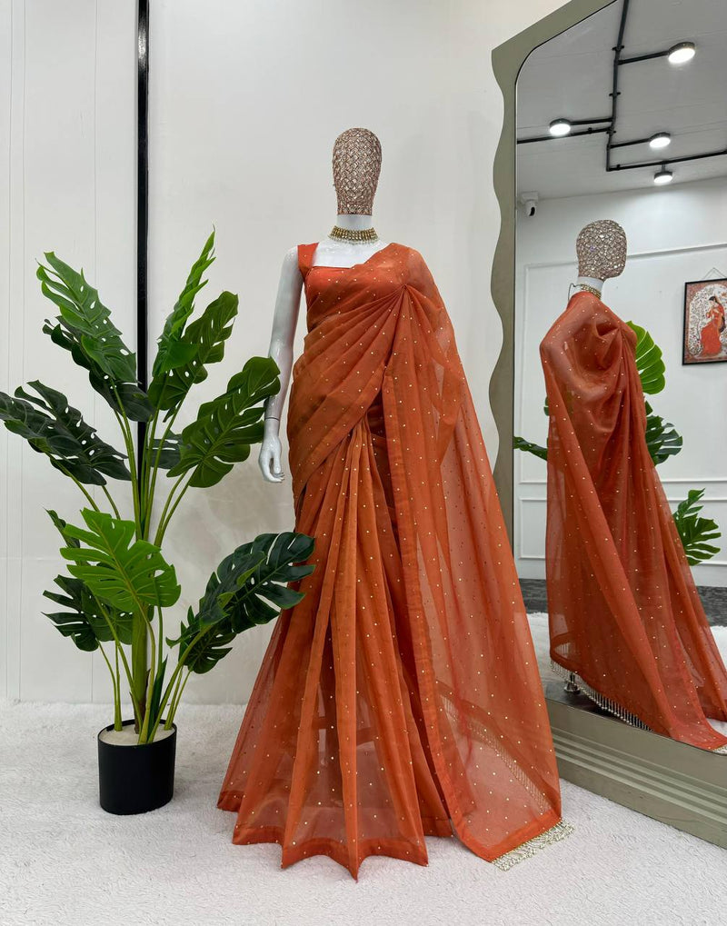 Orange Color Designer Tissue Silk Beautiful Saree