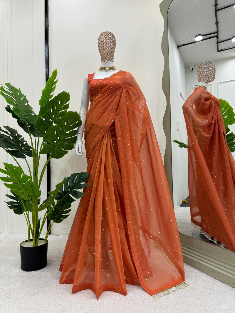 Orange Color Designer Tissue Silk Beautiful Saree