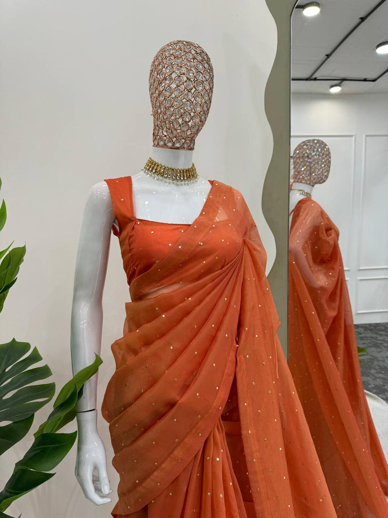 Orange Color Designer Tissue Silk Beautiful Saree