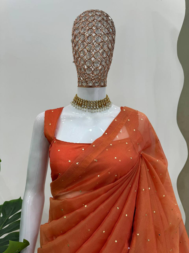 Orange Color Designer Tissue Silk Beautiful Saree