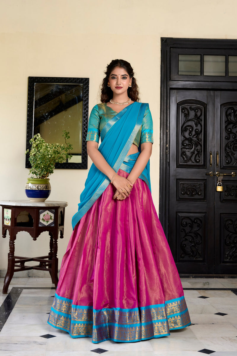 Pink Color Zari Weaving Kachipuram Trendy Lehenga Choli