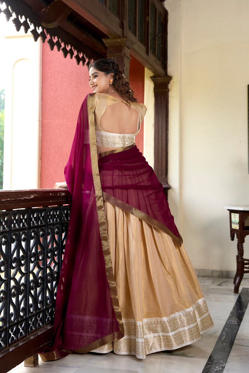 Cream Color Zari Weaving Kachipuram Trendy Lehenga Choli