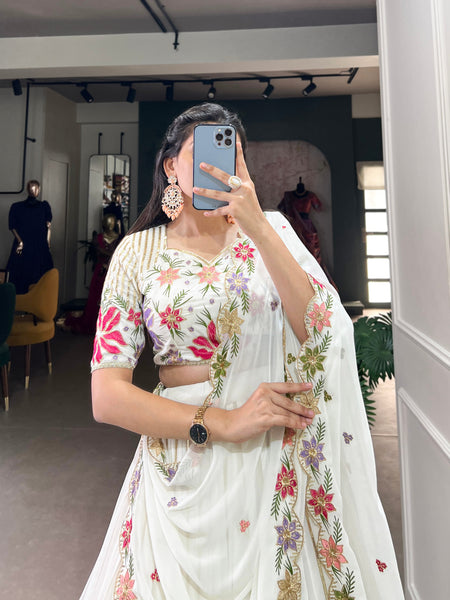 White Color Beautiful Sequins Embroidery Work Georgette Trendy Lehenga