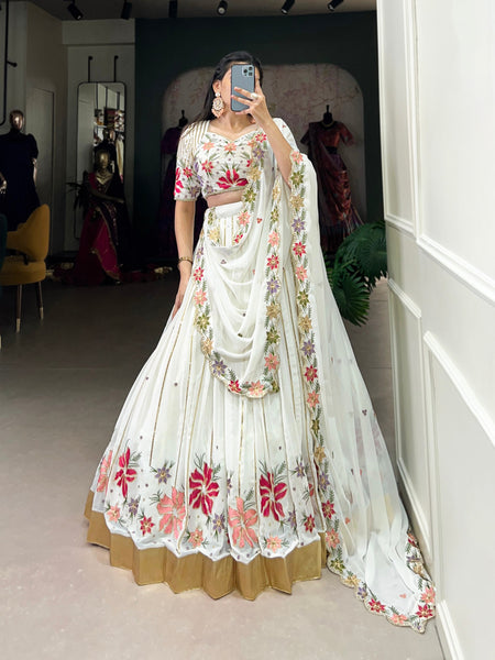 White Color Beautiful Sequins Embroidery Work Georgette Trendy Lehenga