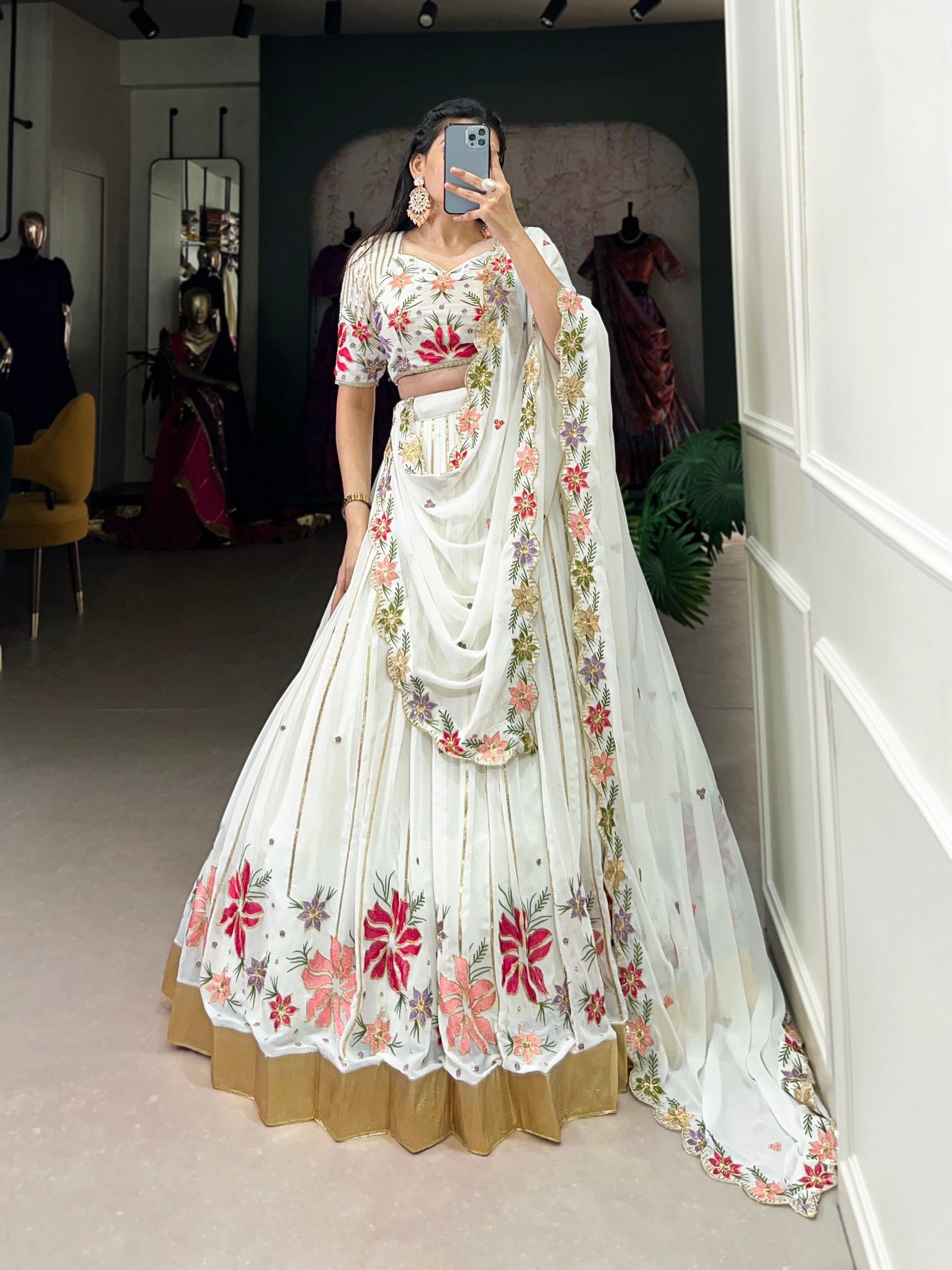 White Color Beautiful Sequins Embroidery Work Georgette Trendy Lehenga