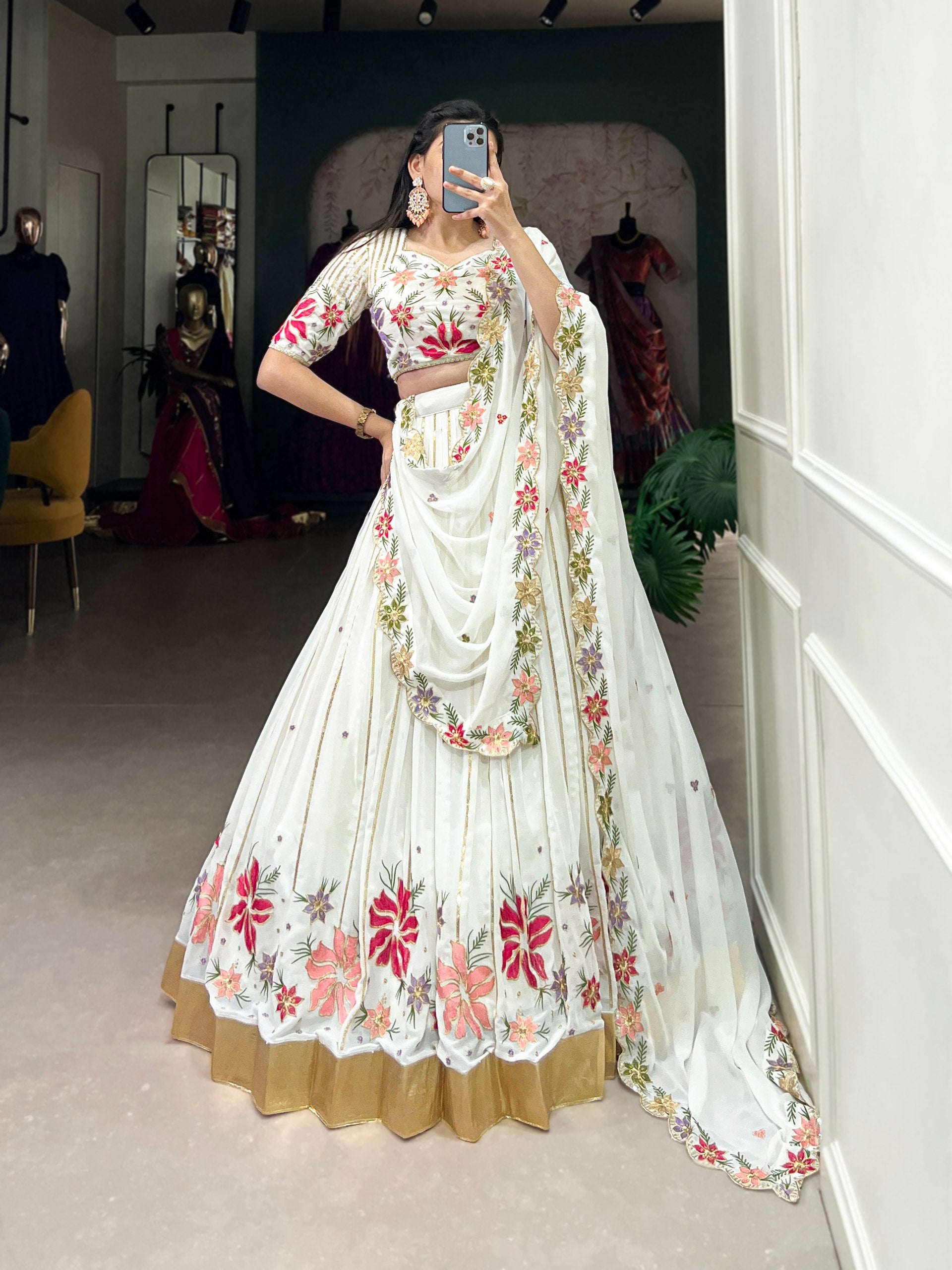 White Color Beautiful Sequins Embroidery Work Georgette Trendy Lehenga