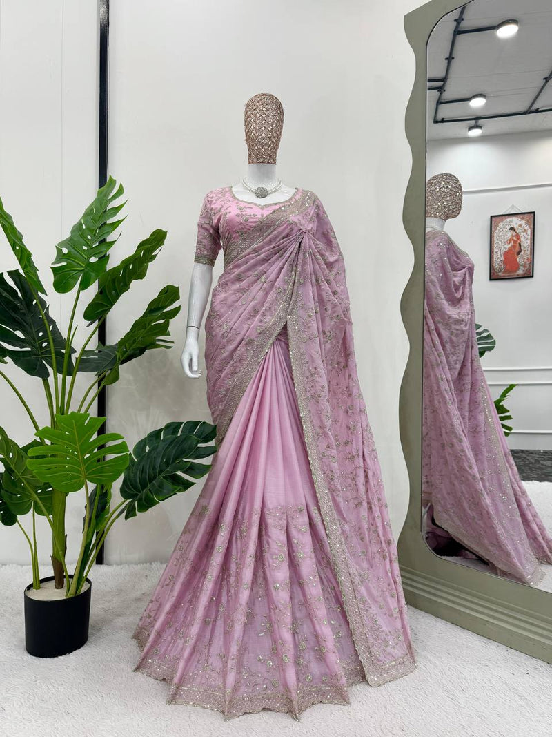 Light Pink Color Designer Chinon Silk Sequence Work Saree