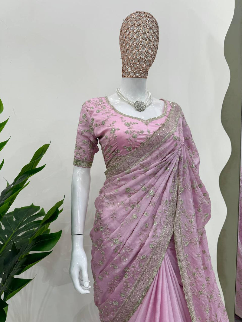 Light Pink Color Designer Chinon Silk Sequence Work Saree