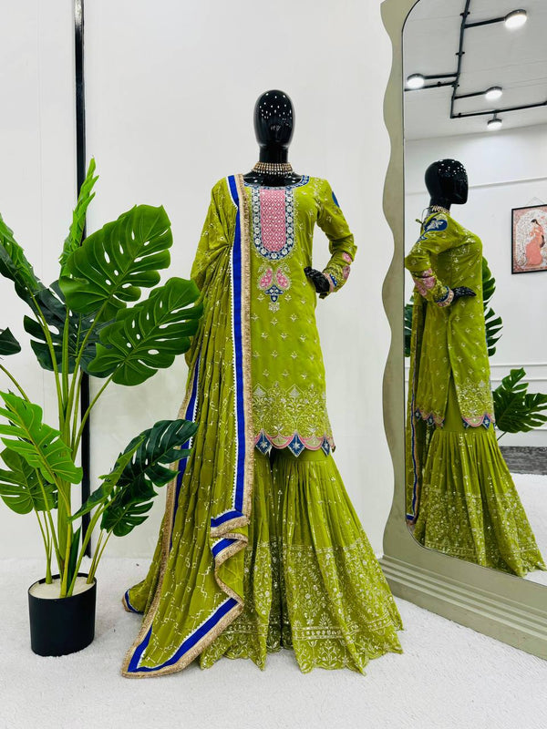 Green Color Heavy Georgette Party Wear Sharara Suit