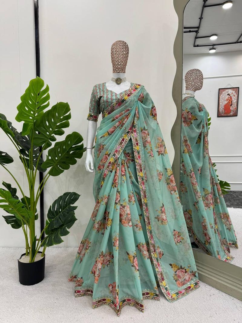 Rama Color Floral Printed Designer Silk Saree For Women