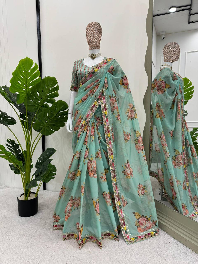 Rama Color Floral Printed Designer Silk Saree For Women