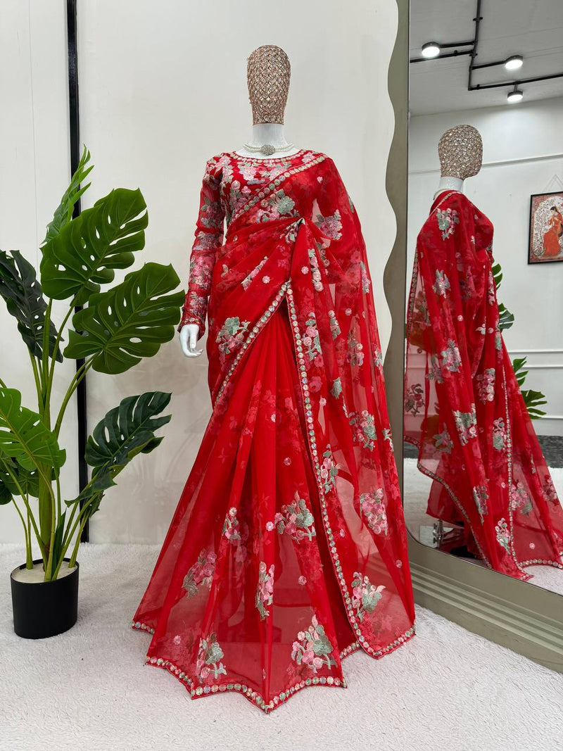 Red Color Wedding Wear Embroidered Work Designer Saree