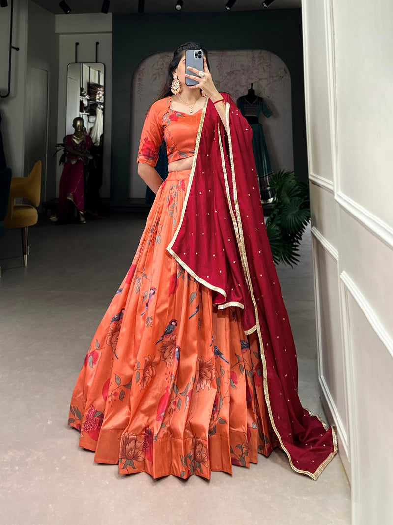 Orange Color Printed Silk Designer Ready to Wear Lehenga Choli