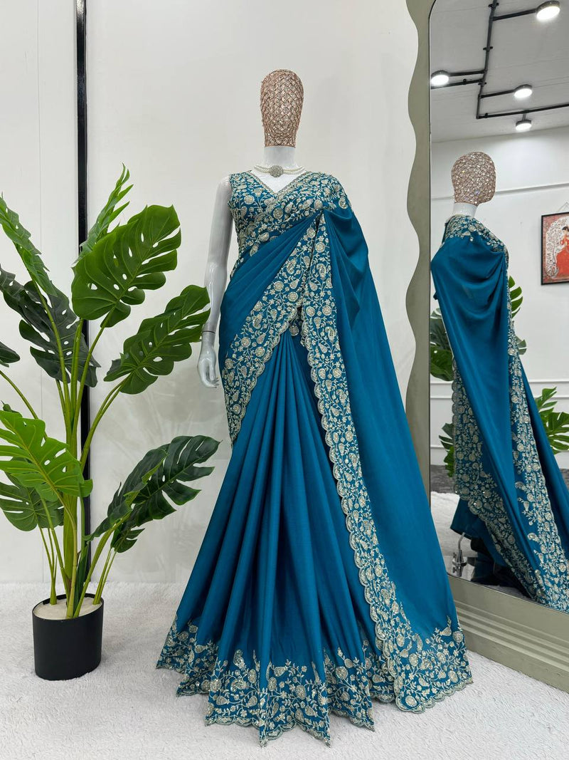 Blue Color Heavy Thread Sequence Work Chinon Silk Saree