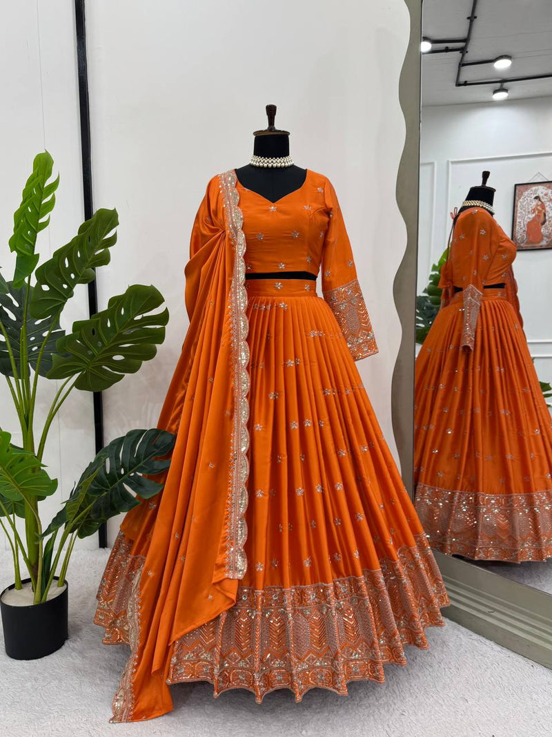 Orange Color Thread Sequence Work Designer Trendy Silk Lehenga