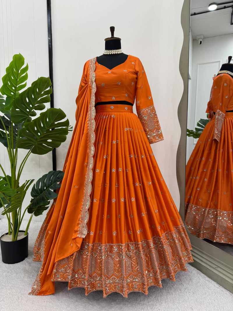 Orange Color Thread Sequence Work Designer Trendy Silk Lehenga