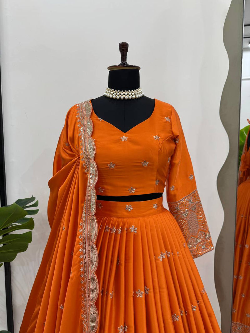 Orange Color Thread Sequence Work Designer Trendy Silk Lehenga