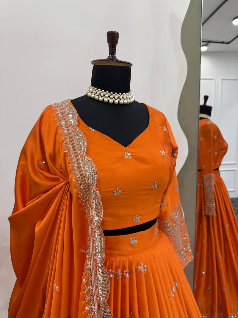 Orange Color Thread Sequence Work Designer Trendy Silk Lehenga