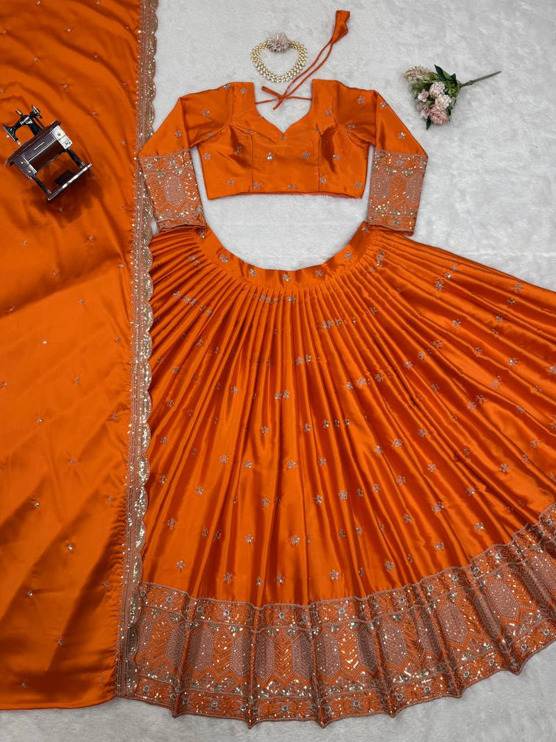 Orange Color Thread Sequence Work Designer Trendy Silk Lehenga